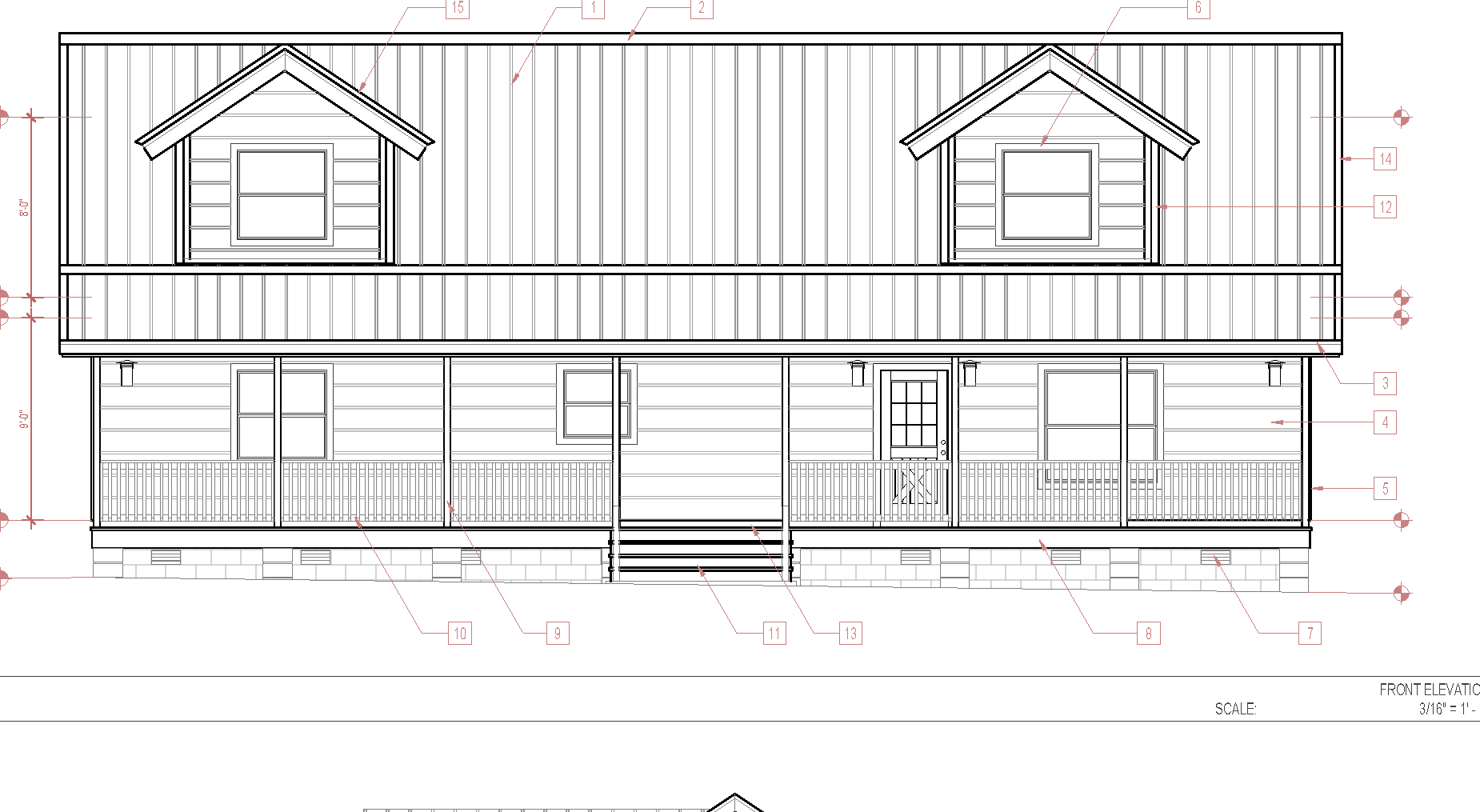 Front exterior elevation drawing for a residential home
